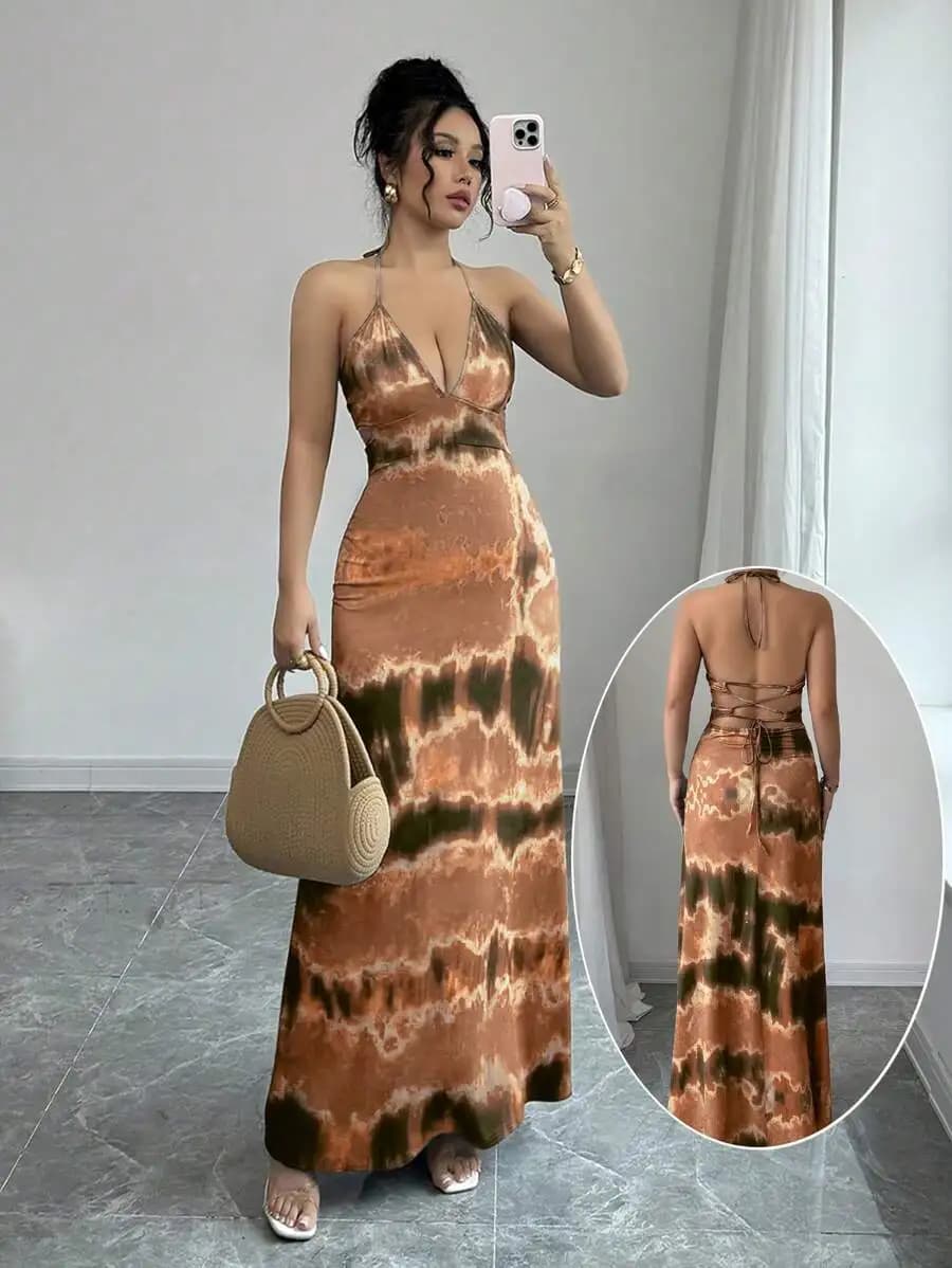 Abito lungo maxi senza schienale con laccetti, scollo a V e motivo astratto per le vacanze