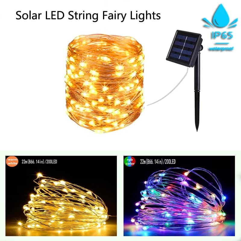 Solar Fairy Lights LED String IP65 Waterproof Copper Wire 8 Modes Warm White Outdoor Garden Patio Yard Tree Christmas Party Deco