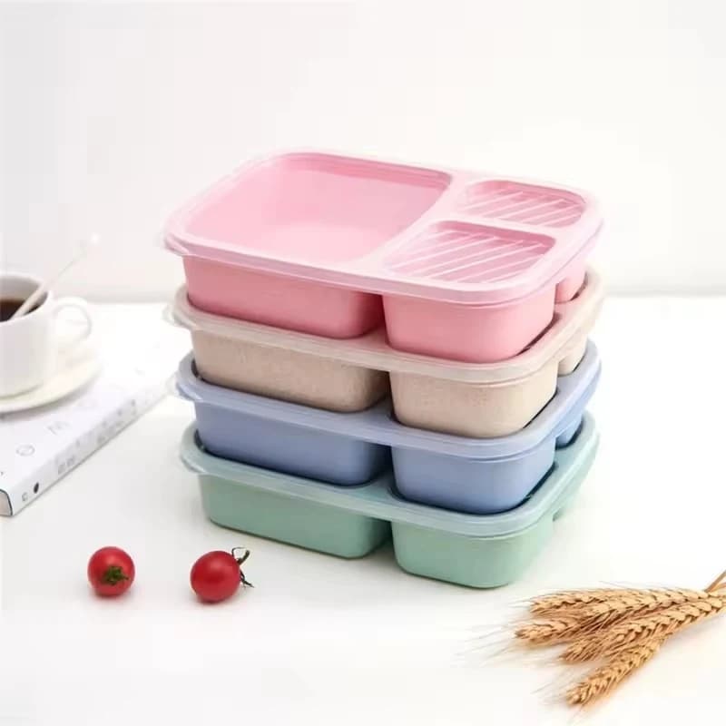 Set di 1-2 Contenitori per Pranzo Bento con 3 Scomparti, Contenitori per Alimenti in Paglia di Grano, Scatola per Preparazione Pasti, Contenitore in Plastica per Conservazione Alimenti