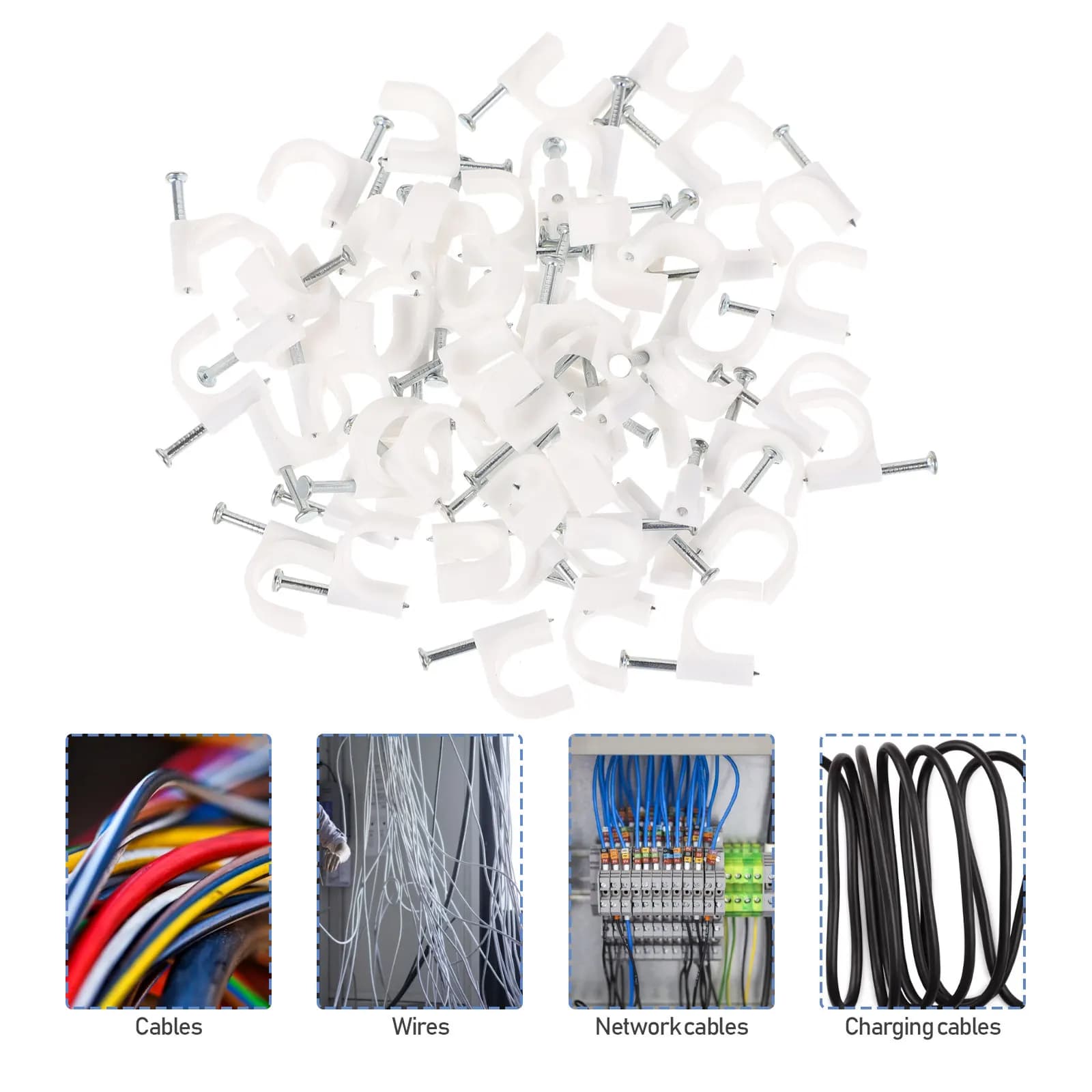 500 Pezzi Clip per Cavi in Acciaio con Chiodo, Varie Misure, Clip per Gestione Cavi, Clip da Parete per Cavi USB e di Rete per Organizzazione Casa e Ufficio