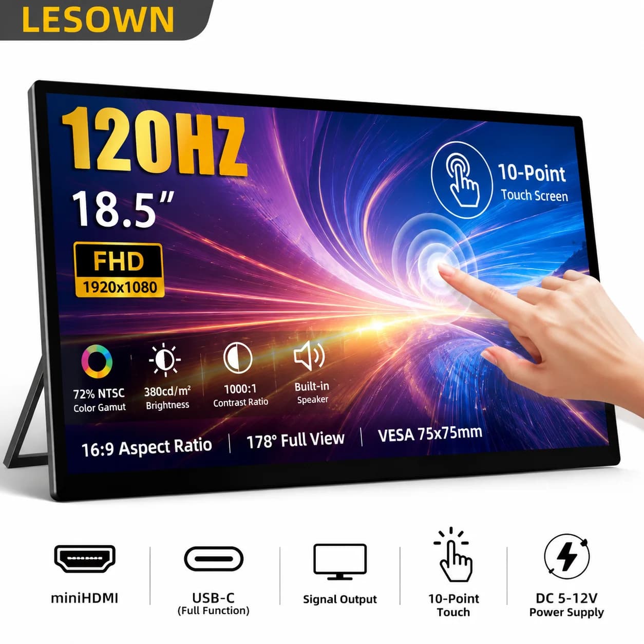 LESOWN 18.5 Inch Portable Touchscreen Monitor 120Hz FHD Travel Display Driver-free External Screen with Stand for Laptop