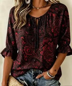 Women's Red Black Paisley Print Tie Neck Blouse Ruffle 3/4 Sleeve Vintage Ethnic Casual Daily Travel Tunic Top