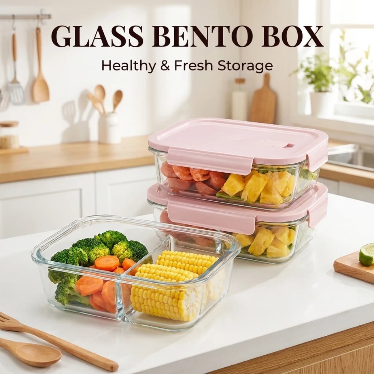 Grazioso contenitore in vetro rosa per la preparazione dei pasti – Adatto per microonde e forno, resistente al calore, facile da trasportare – Perfetto per un pranzo sano in movimento