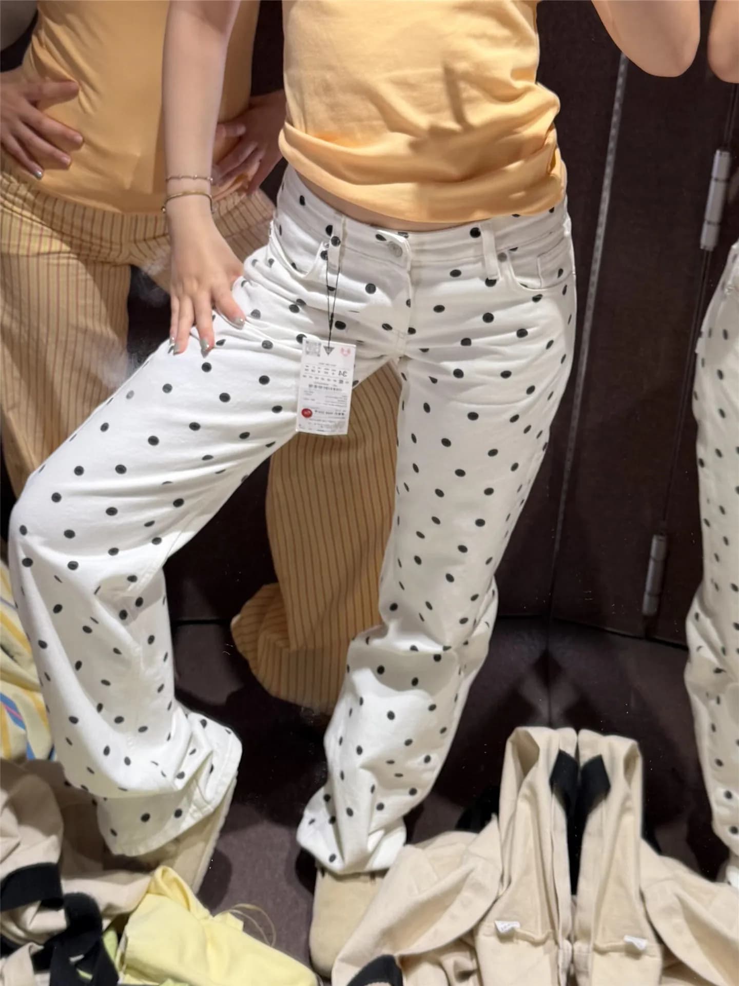Extended Length Polka Dot Low Waist Casual Denim Jeans Women Summer Slimming Straight Leg Pants Cotton Soft Washed American S...