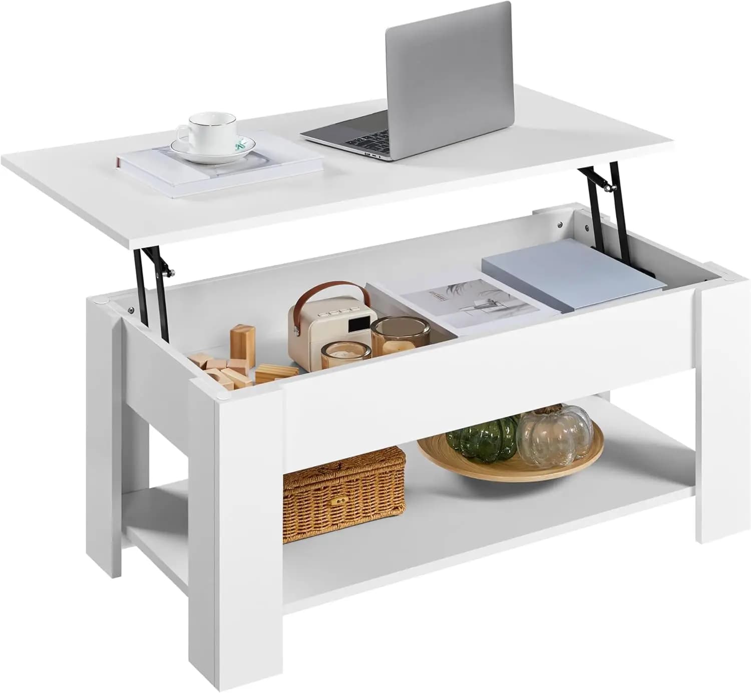 Rising Coffee Table with Concealed Storage Compartment and Shelf, Lift-Up Tabletop Dining Desk for Living Room or Reception Room, 38.6 Inches Long, White