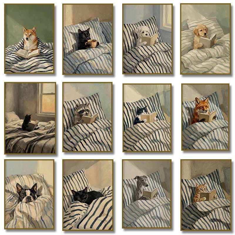 Cute Dog Fox Raccoon Reading Book in Bed Poster Black Cat Drinking Coffee Canvas Painting Wall Art Print Illustration Home De