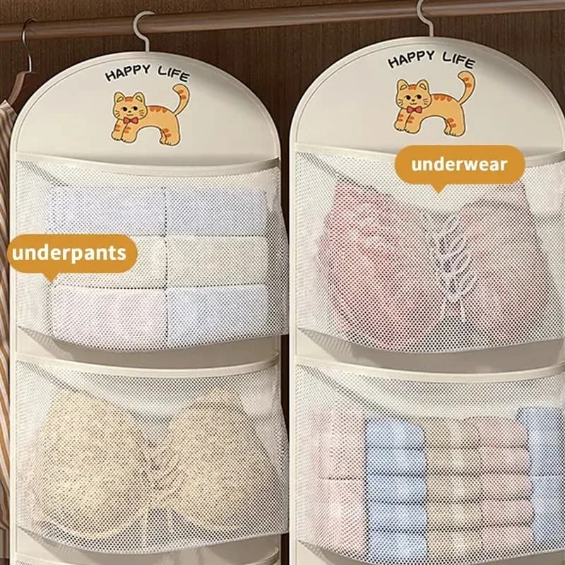 3-Layer Hanging Storage Bag with Cat Print | Dorm Closet Organizer for Bra, Socks & Accessories