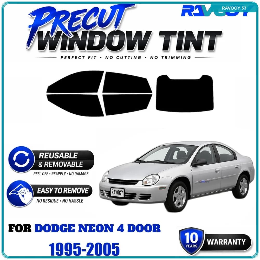 RAVOOY Precut Window Tint, Reusable Removable EPU Film, Custom Fit for Dodge Neon 4 Door 1995-2005, UV Heat Protection