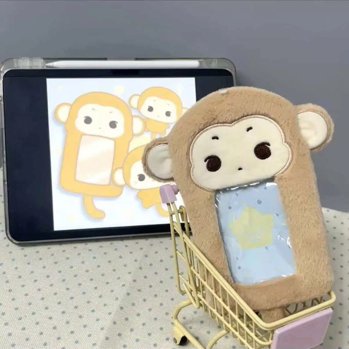 1pcs Cartoon Little Monkey Plush Card Holder Cute Accessory for ID Badges and 3‑inch Photo Cards Merchandise for K‑pop Fans