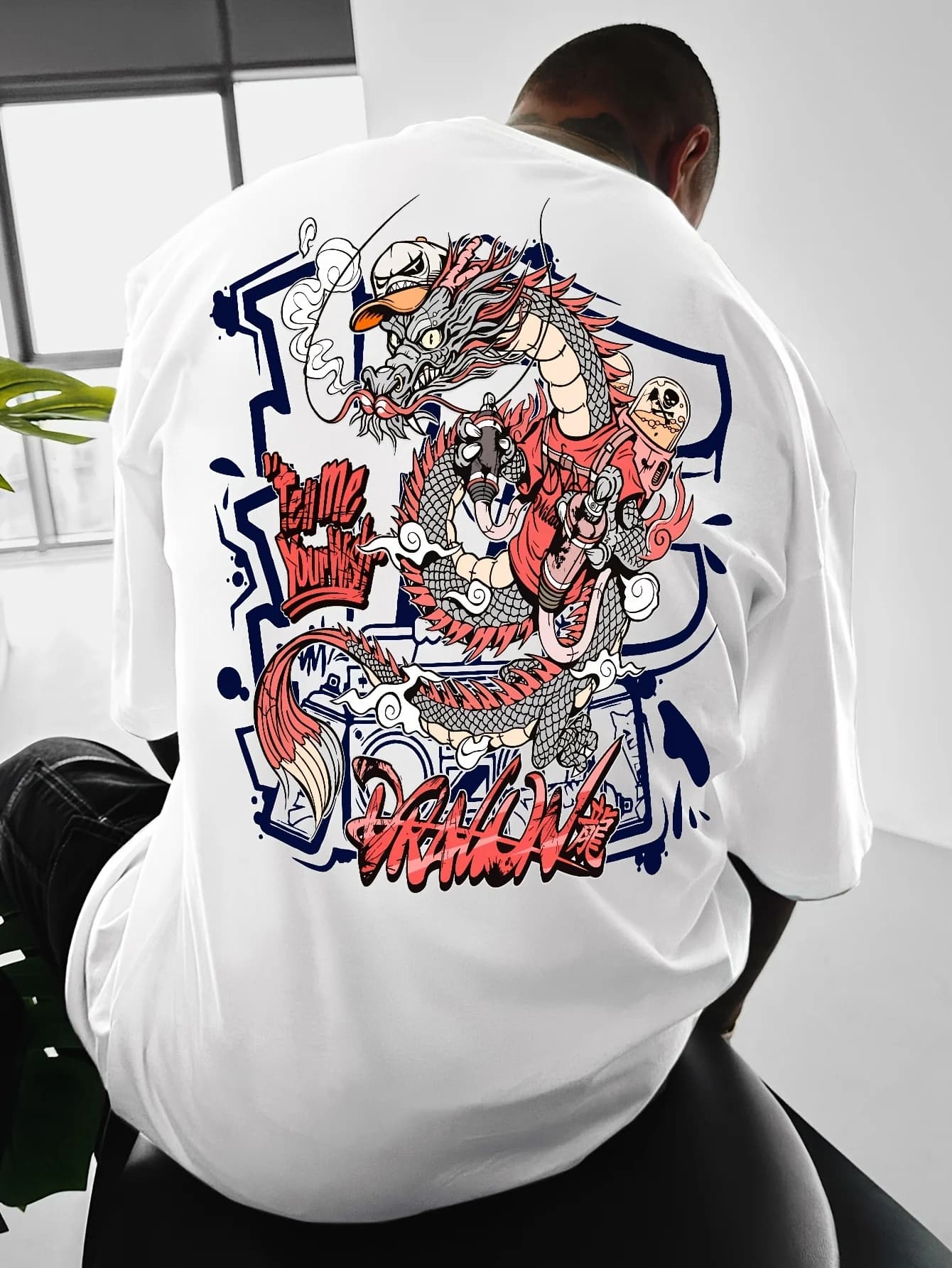 American Hip-hop Retro Graffiti Mechanical Dragon Contrasting Letter Print Men's and Women's Versatile Pure Cotton T-shirt