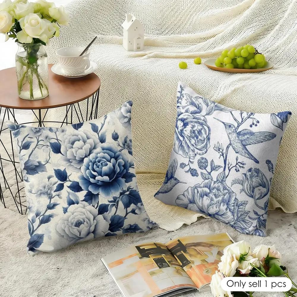 Fodera per cuscino in porcellana blu e bianca, in lino naturale, tessuto organico, stampa fronte-retro, per divano, decorazione per la casa, regalo, federa per cuscino