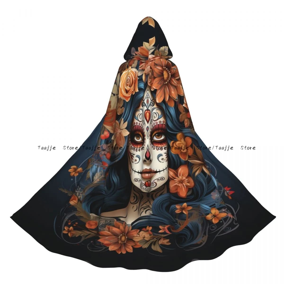 Unisex Halloween Cloak Girl With Sugar Skull Make-up With Flowers Cape Hooded Medieval Costume Witch Wicca Vampire