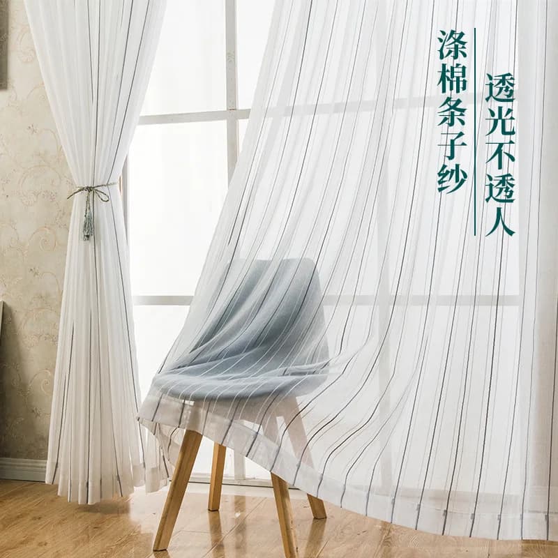 Modern Cotton Polyester Striped Window Curtain Semi-Transparent Light Blocking Breathable Modern Artistic Window Treatment
