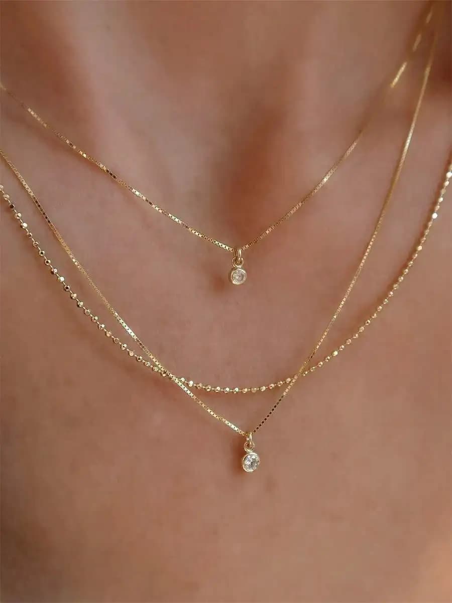 1pc Copper Chain Exquisite Artificial Zirconia Pendant Gold Multi-Layer Stackable Necklace, Suitable For Women's Daily Wear, Dat