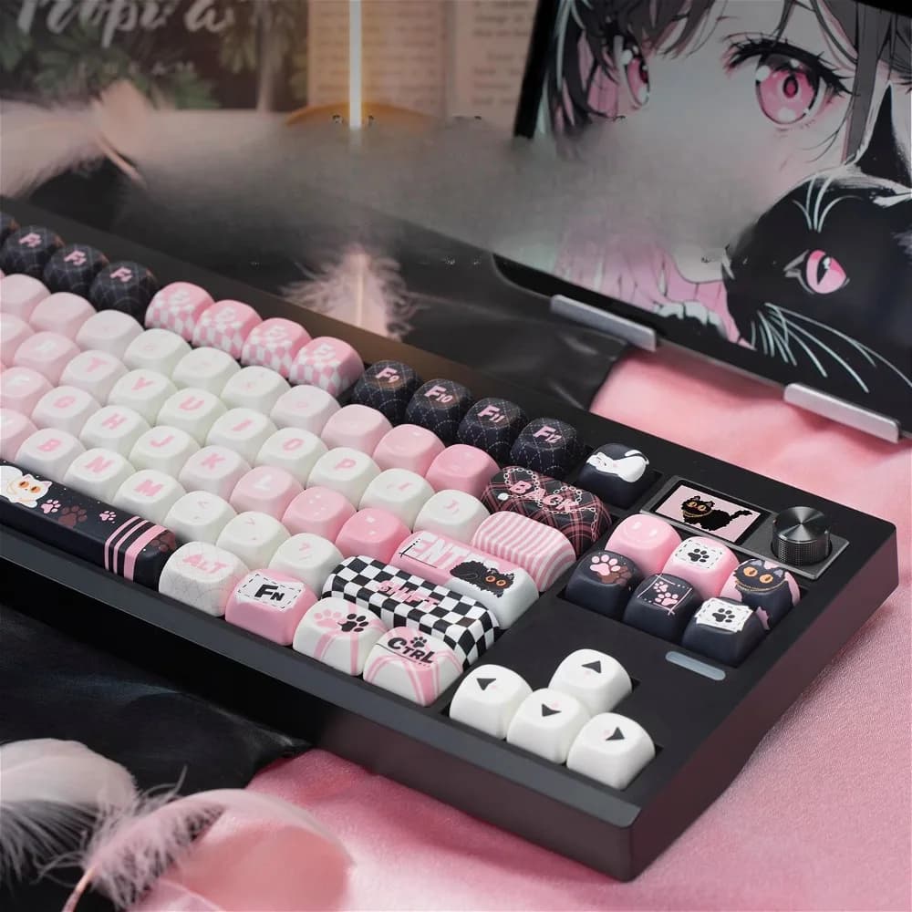Profilo MOA personalizzato Nero Rosa PBT Copritasti 87 tasti Tastiera meccanica per donne che giocano in stile dolce e fresco