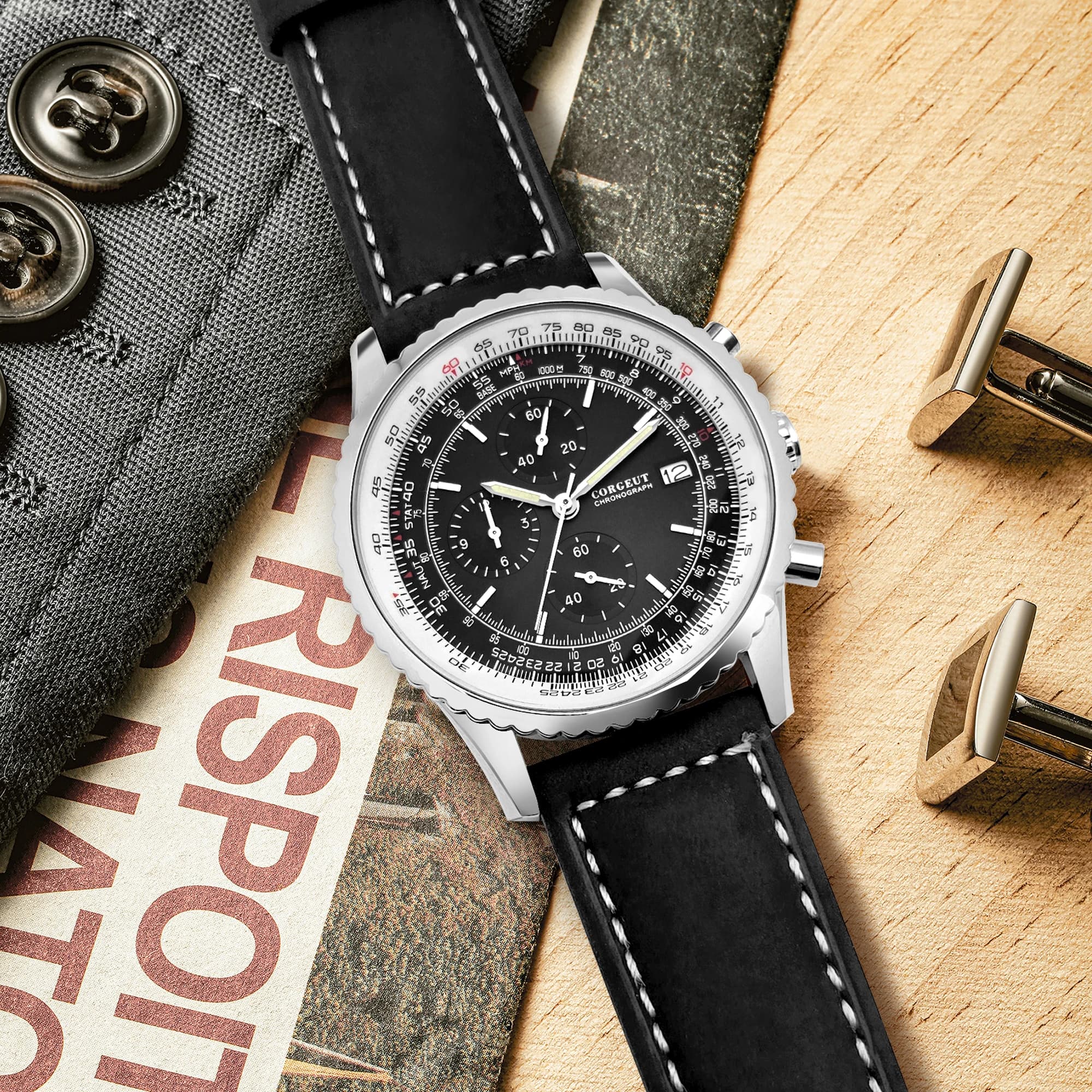 Orologio Corgeut 9001 al quarzo in acciaio inossidabile 45 mm - Cronografo resistente all'acqua da 10 bar con quadrante luminoso e lancette