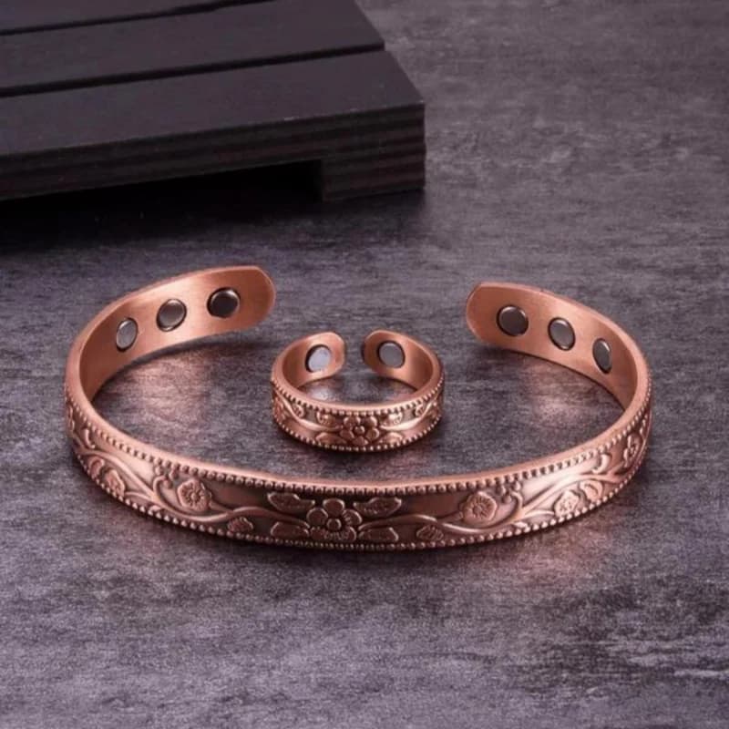 Unisex Copper Magnetic Bracelet Ring Jewelry Sets for Women Vintage Simple Flower Design Bangle Rings Jewelry Accessories