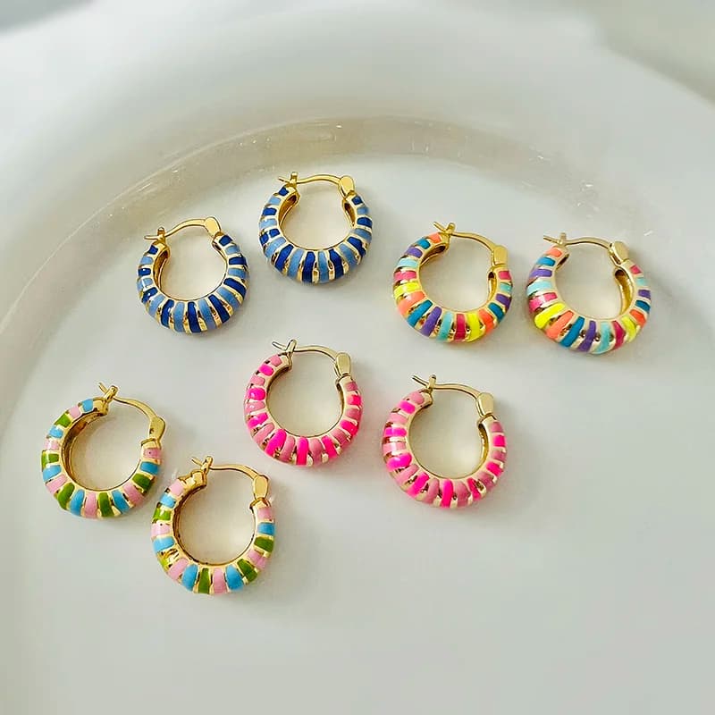 HECHENG, Turkey style niche enamel drip oil painting stripes circle high-level personality fresh and match women's ear buckle
