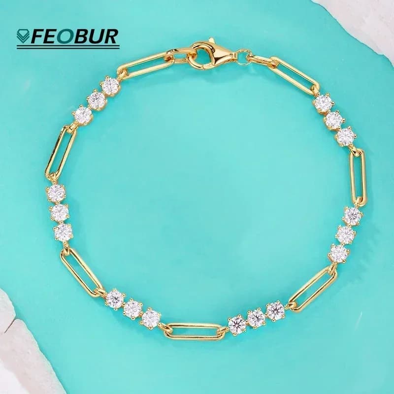 Bracciale con graffetta con diamanti Moissanite color D da 3 mm per donna Gioielli da donna con catena a graffetta in argento sterling 925 placcato oro GRA