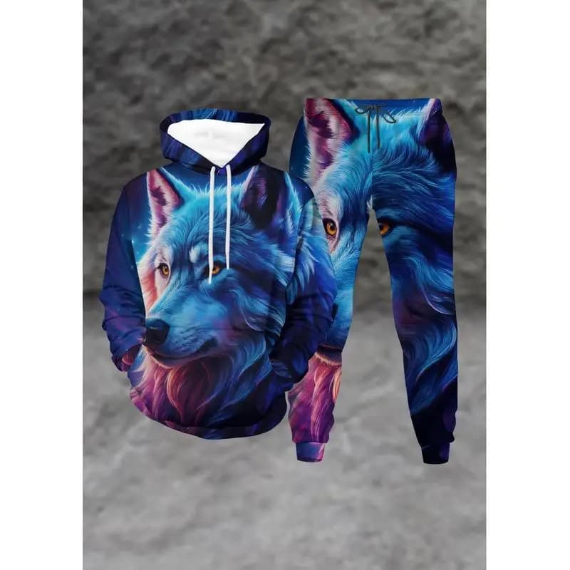 Men'S 2-Piece Wolf Print Hoodie And Sweatpants Set - Full Body Wolf Pattern Matching Sportswear And Hooded Sportswear Casual Wea