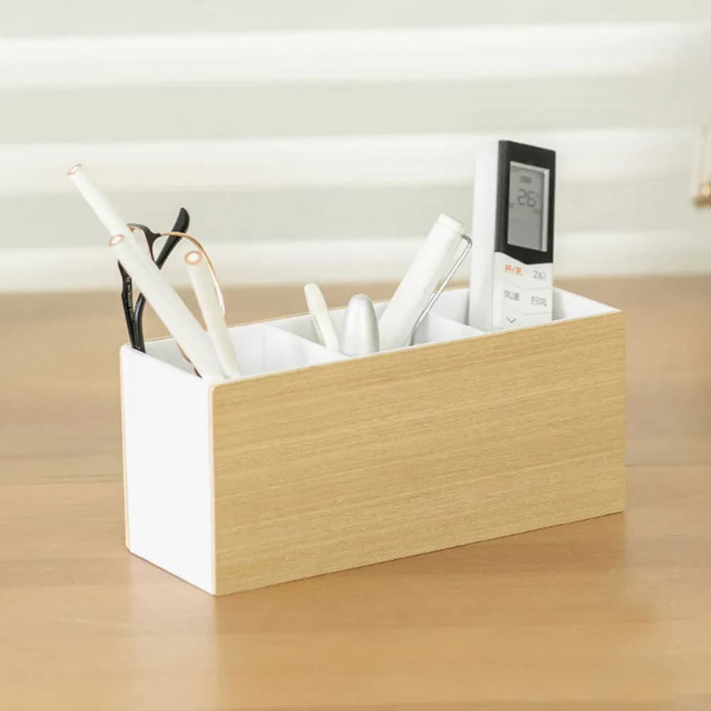 Natural Wood Desktop Storage Box Multi Compartment Organizer for Pens Brushes Hand Cream Scissors Smartphones Remote Controls