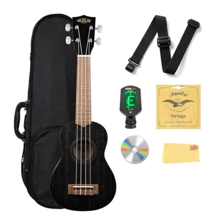 Ukulele Soprano KA-15S-BLK in Mogano Satinato - Bundle Nero con Custodia, Accordatore, Tracolla, Corde, DVD Istruttivo Austin Bazaar e Poli