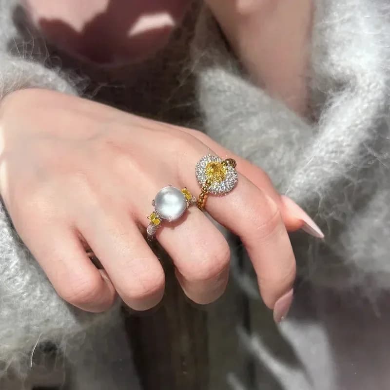 Anelli di calcedonio di ghiaccio naturale classico stile delicato per le donne gioielli da sposa di moda in argento 925 di lusso leggero con anello in cristallo giallo