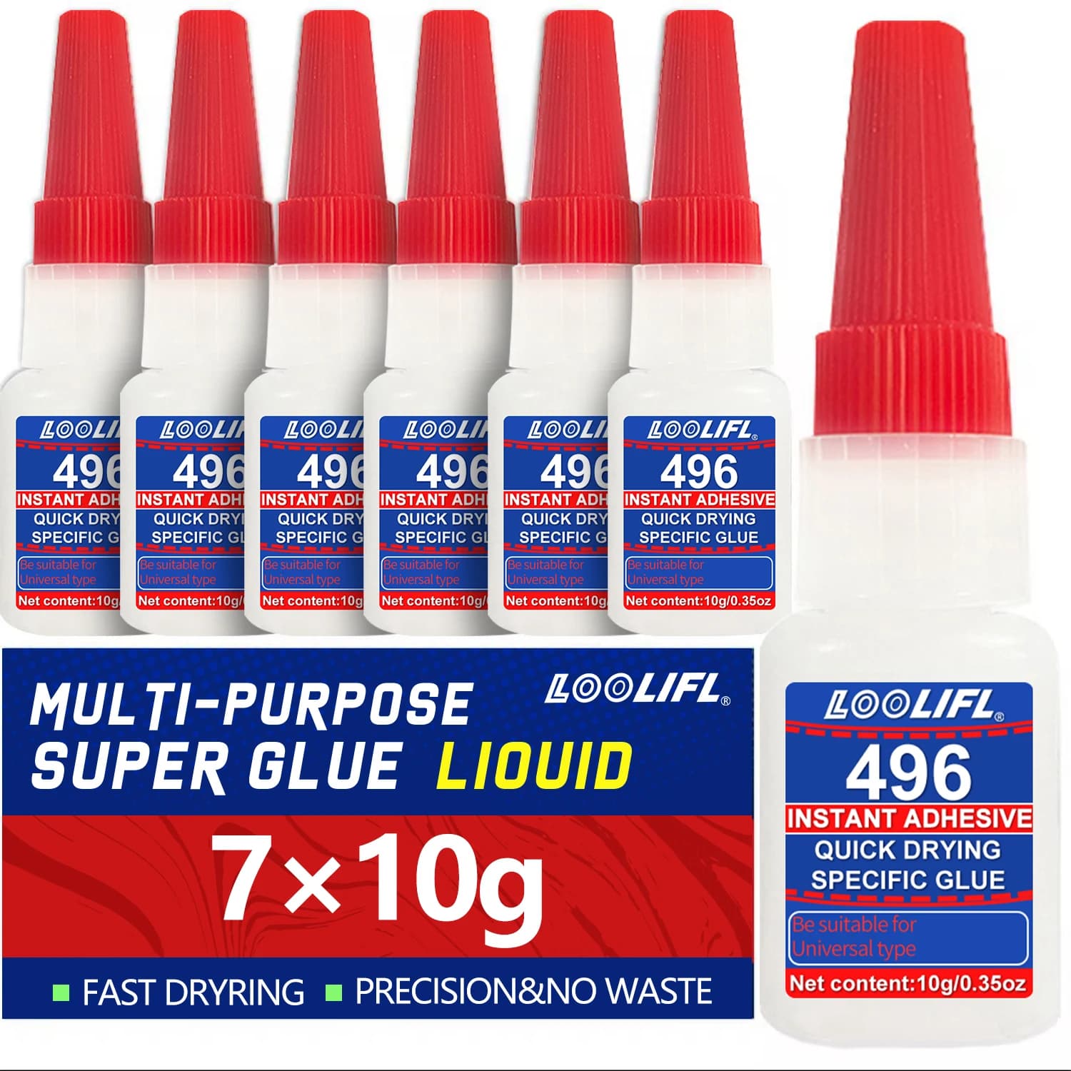 LOOLIFL 7 pieces of super glue, strong cyanacrylic glue with instant drying in 5 seconds, suitable for glass, wood, metal and multiple scenarios