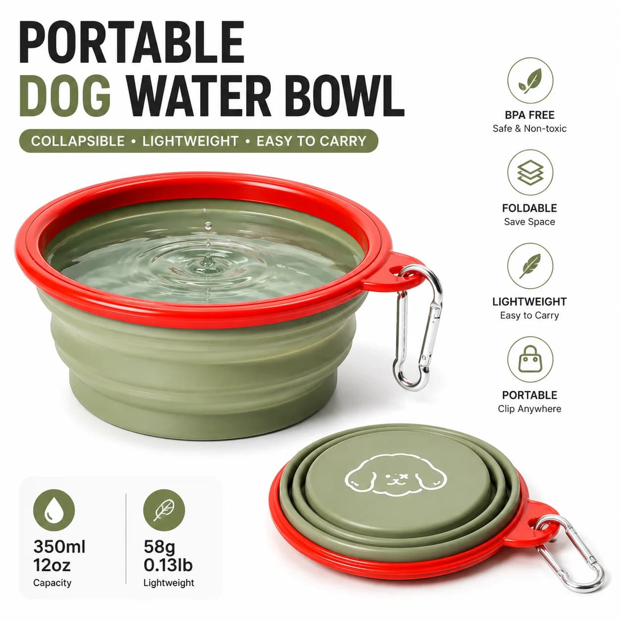 Dog Travel Essentials Collapsible Dog Bowl, Portable Water & Food Bowl with Carabiner, Lightweight Foldable Pet Bowl for Travel