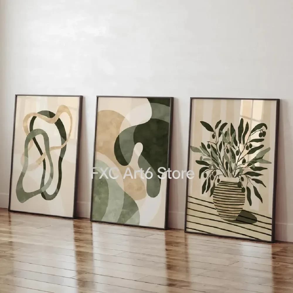 3PCS frameless ,Retro Poster,Modern Green and Beige Plant Printing,Abstract Minimalist Olive Leaf Potted Plant Canvas Painting