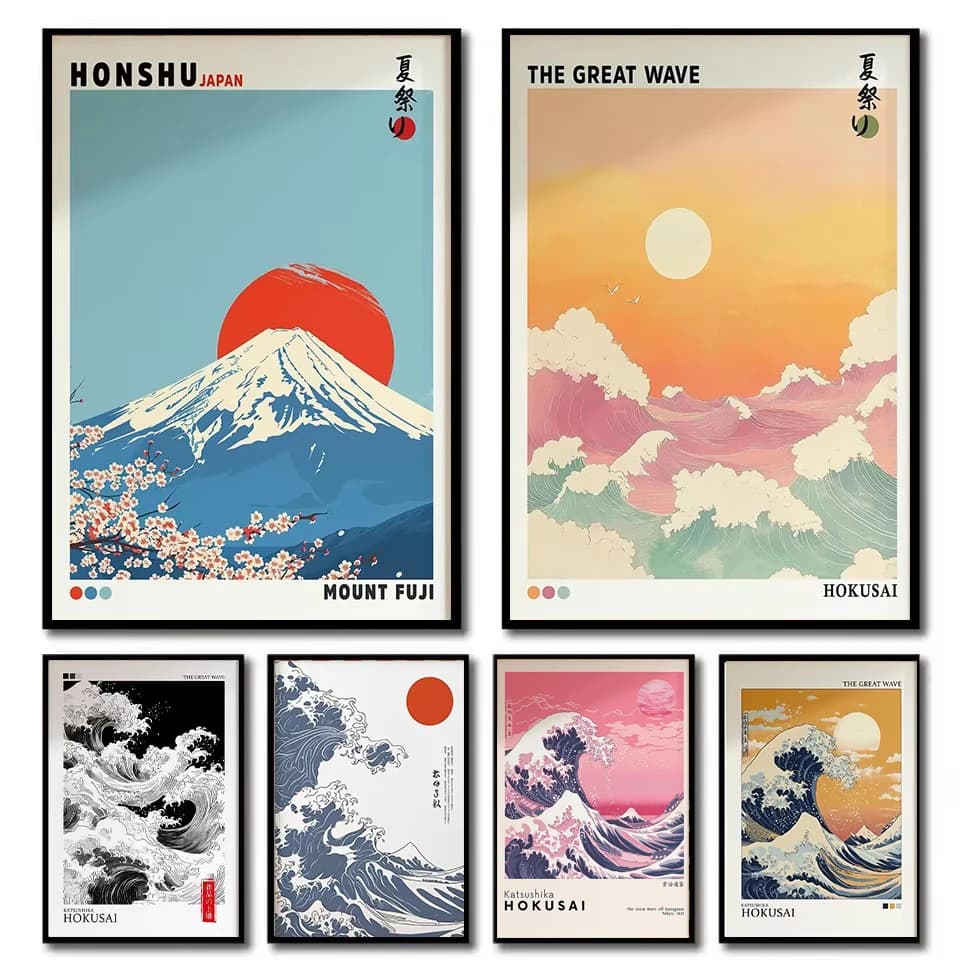 Mount Fuji Sunrise Wave Canvas Print Hokusai Giant Wave Landscape Japanese Wall Art Poster for Modern Living Room Home Decor