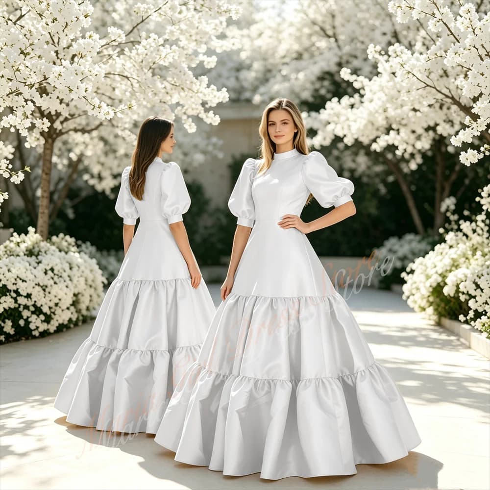 Custom Women's Satin Prom Dress Luxury High Neck Puff Sleeve Formal Evening Gown Long Style for Young Girls Party Dress