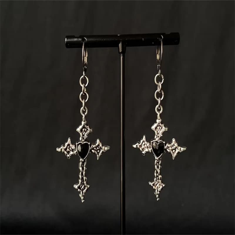 Punk Heart Cross Earrings with Black Crystal Pendant & Chainmail Links - Gothic Grunge Alternative Jewelry for Women/Men