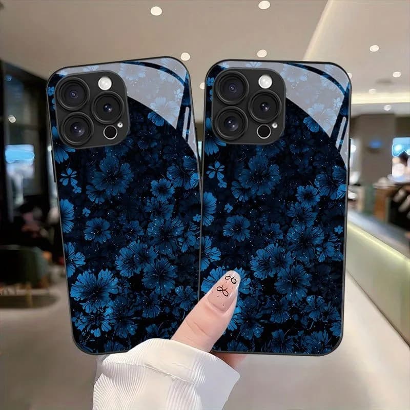 Cover per iPhone in Vetro Temperato con Motivo Floreale Blu Profondo per iPhone 17 Pro Max 16 15 14 13 12 11 Pro 17 Air 7 8 Plus XS X XR