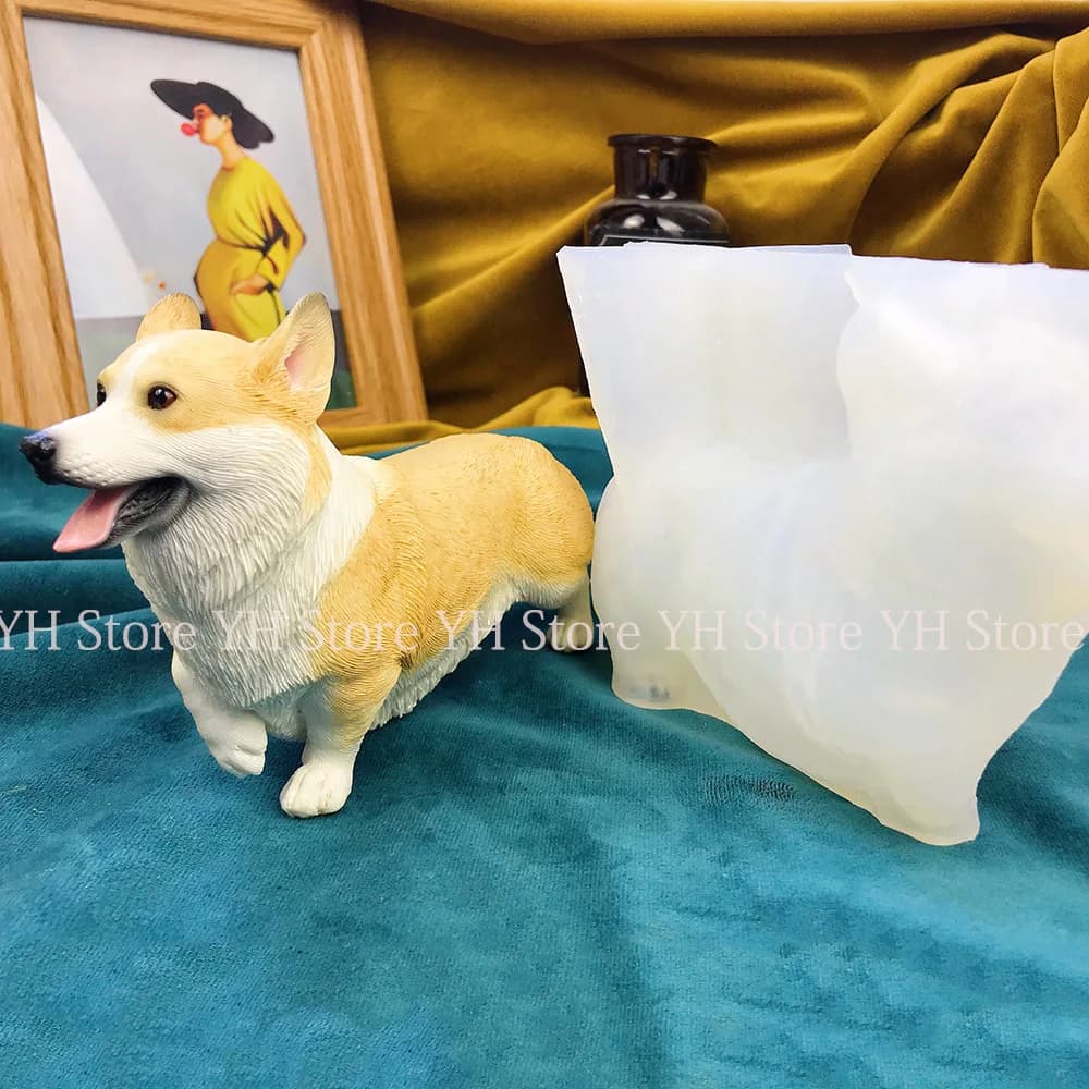 Corgi Dog Resin Casting Mold Plaster Pet Puppy Simulation Resin 3D Dogge Concrete Silicone Mold DIY Home Decoration Candle Tool