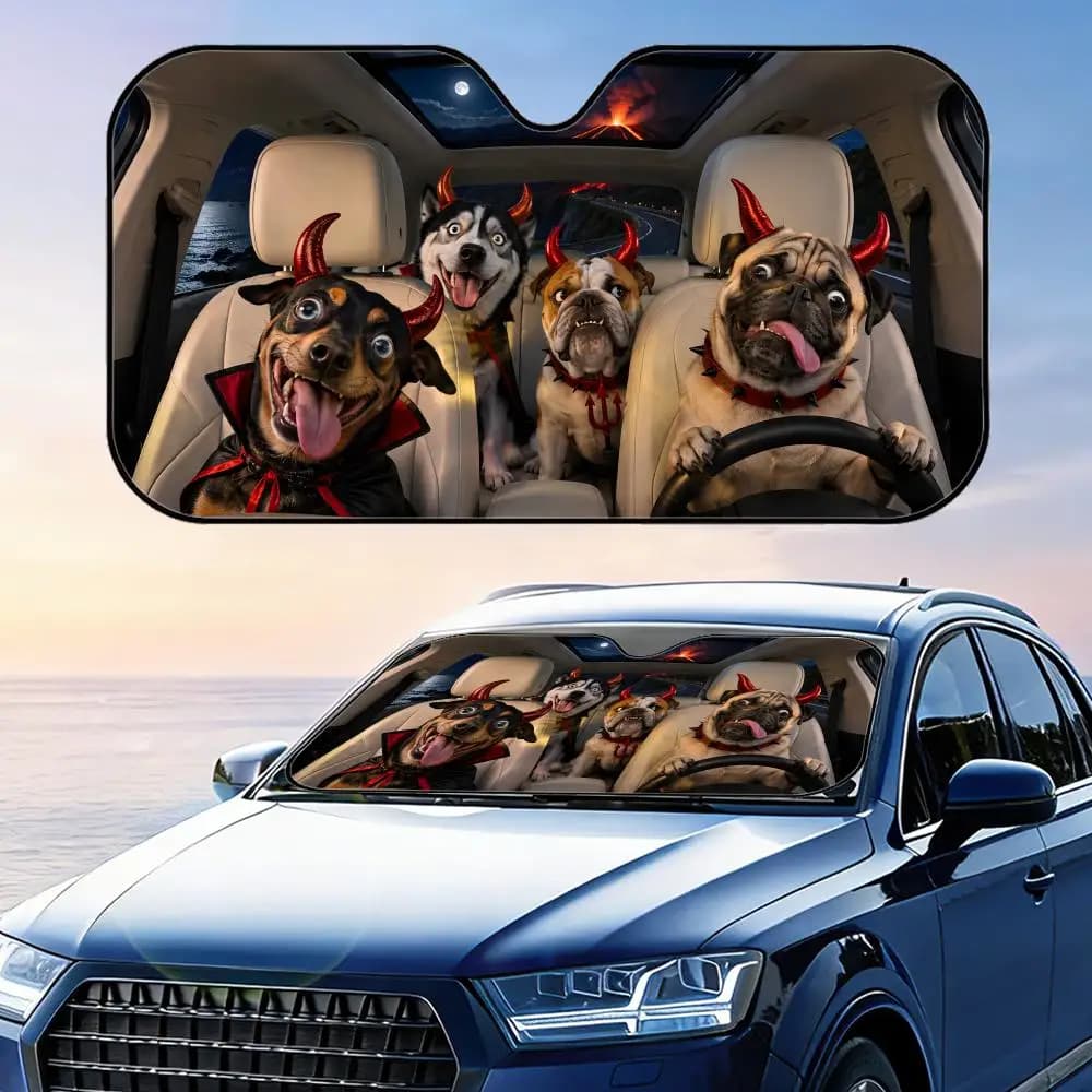 Parasole per Auto a Forma di Cane Diabolico con Corna, Protezione UV, Riflettente, Pieghevole, Copertura Isolante dal Calore