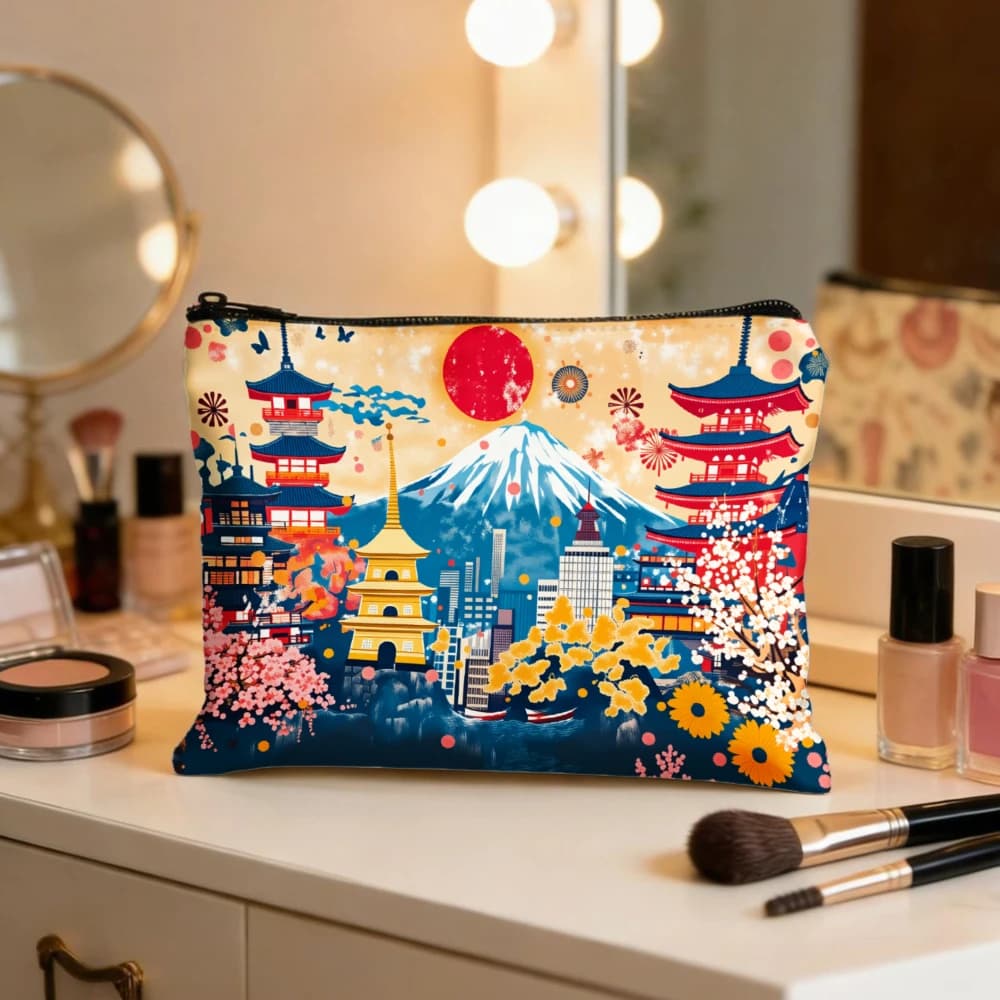 Borse per il trucco Mount Fuji Pagoda Cherry Blossom Sun per ragazze, pochette per cosmetici, borsa da toilette, astuccio per matite, custodia da viaggio