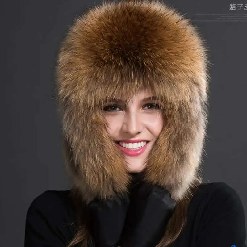 Real Fox Fur Hat For Women Winter Russians Hat With Ears Flaps Winter Real Raccoon Fur Cap Outdoor Windproof Natural Fur Caps