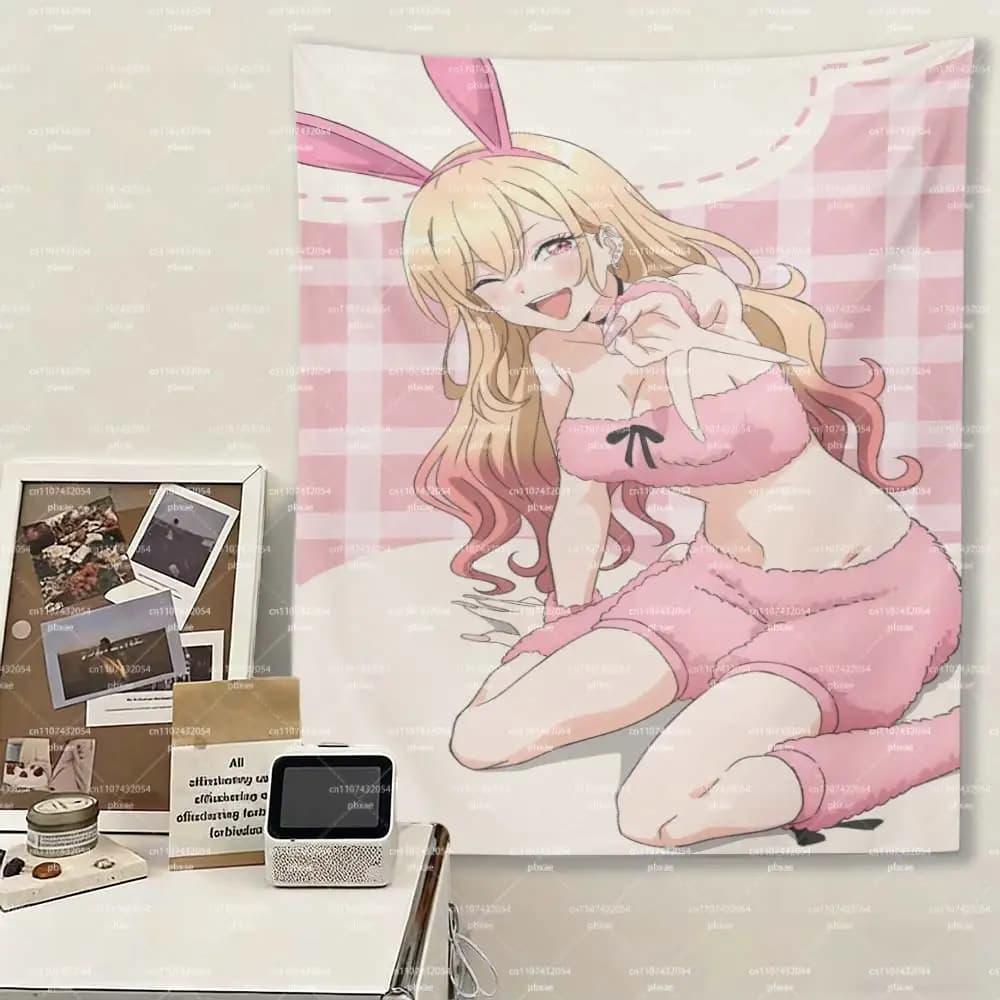 My Dress-Up Darling Marin Kitagawa Tapestry,Anime Bunny Girl Wall Hanging,Pink Gingham Anime Wall Art