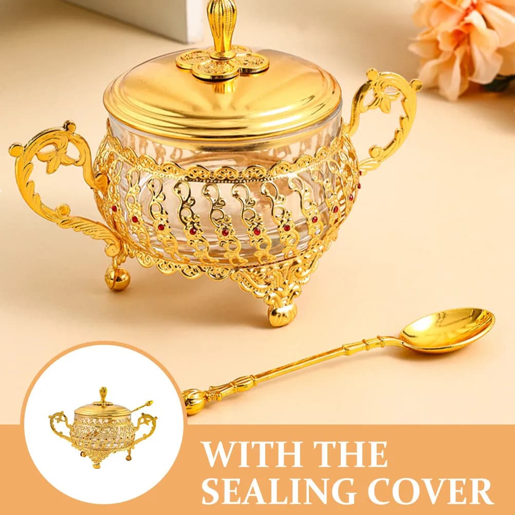 1Set Gold Accented Iron Frame Glass Storage Jar with Spoon Airtight Lid for Sugar Coffee Tea Dried Fruits Candy Home Kitchen