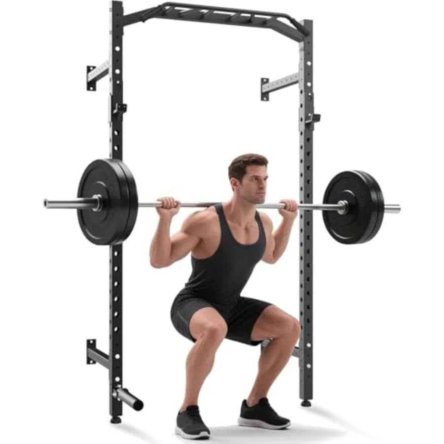 Wall Mounted Power Rack for Home Gym and Garage Gym: Steel Black 1600 LB Capacity with Multi-Grip Pull Up Bar J-Cups Landmine A