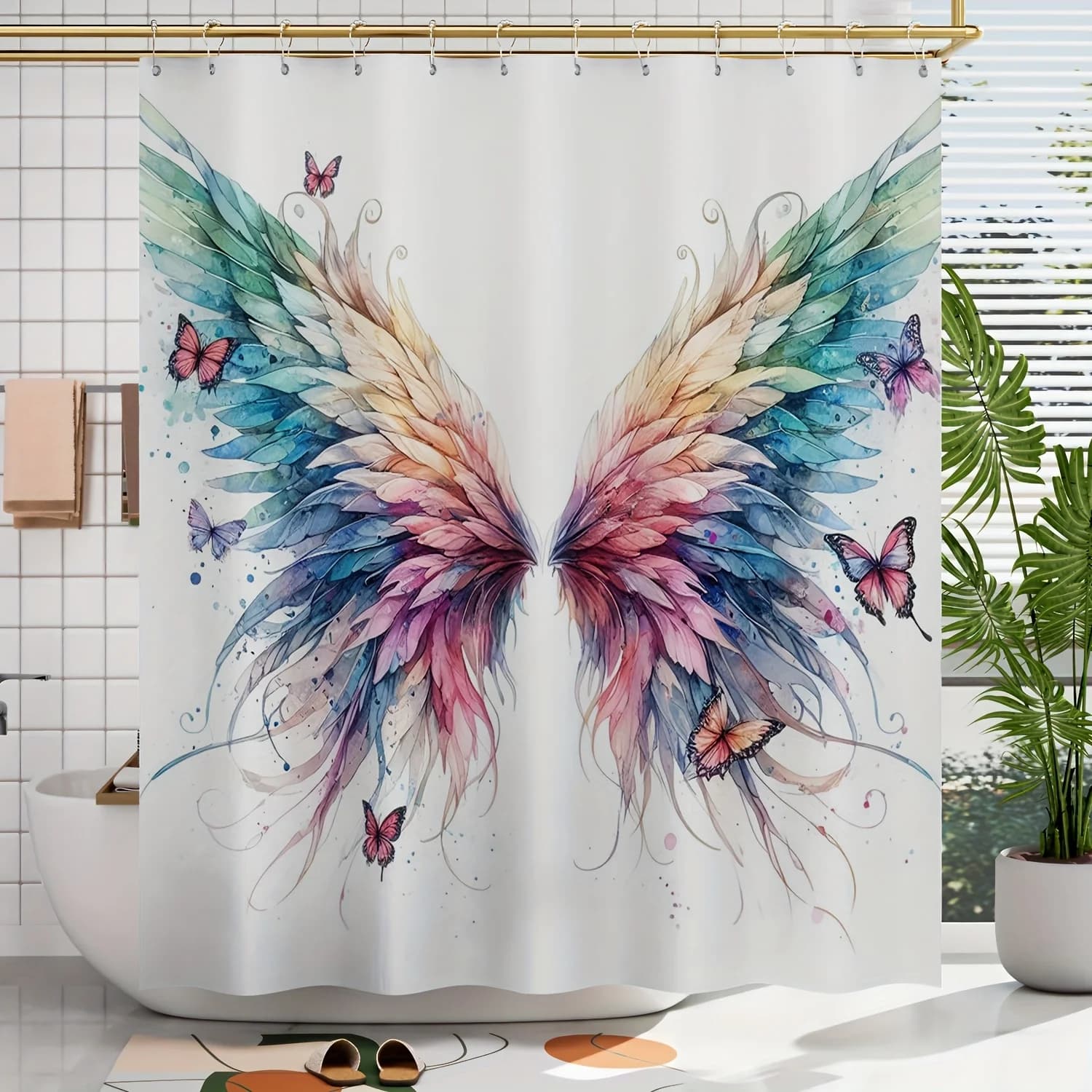 Tenda da doccia con stampa digitale con motivo a farfalla da 1 pezzo, arredamento per la casa del bagno, include ganci, lavabile in lavatrice, poliestere quattro stagioni