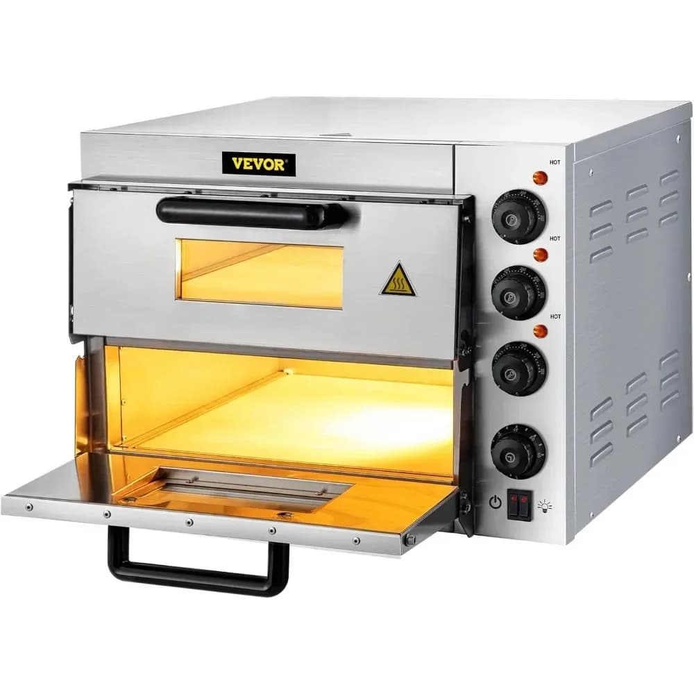 Forno per pizza commerciale SAT da appoggio, doppio piano 14", forno per pizza elettrico in acciaio inossidabile 110 V 1950 W con pietra e ripiano