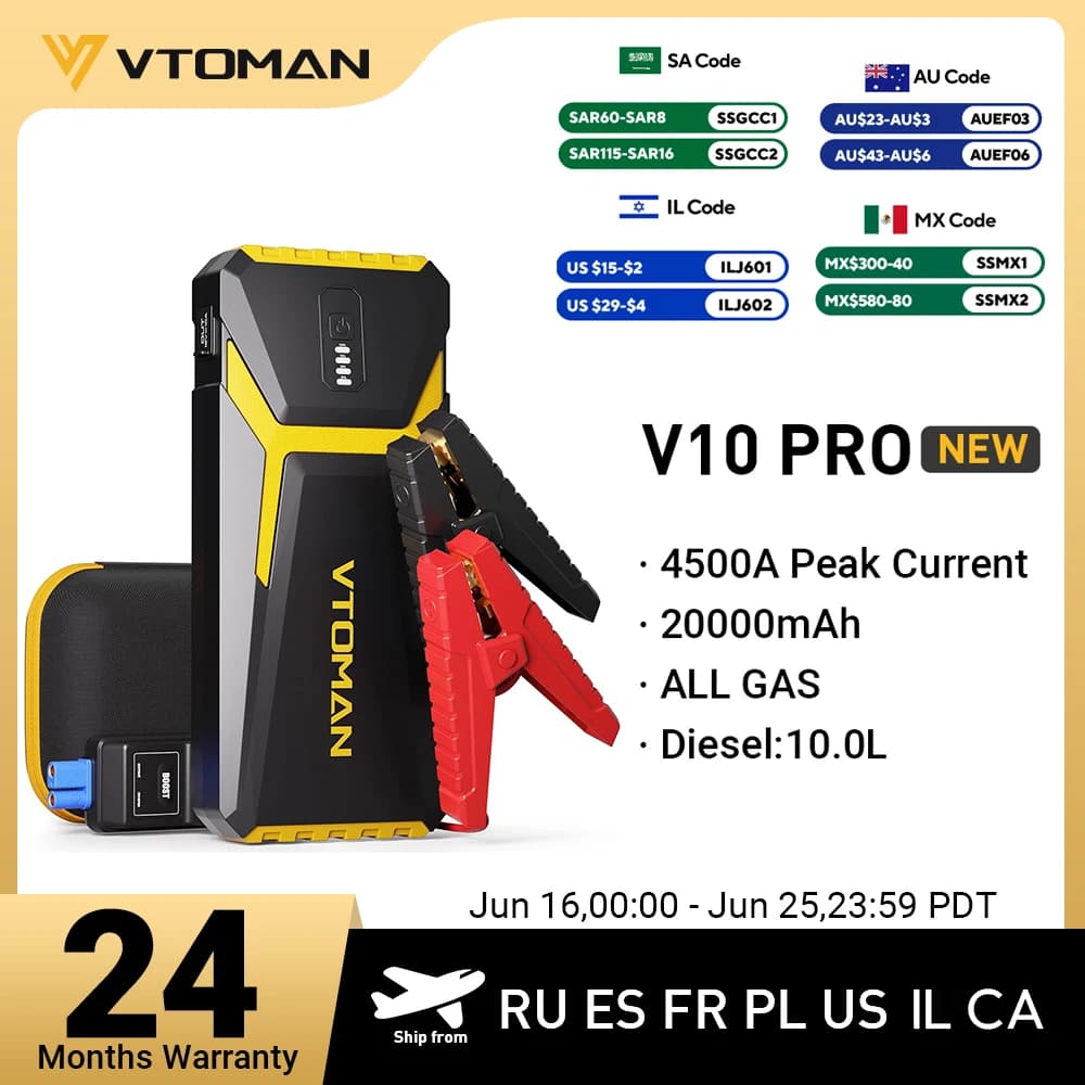 VTOMAN Power Bank 20000mAh Jump Starter Caricatore portatile Car Booster 4500A Dispositivo di avviamento automatico Avviamento batteria per auto di emergenza