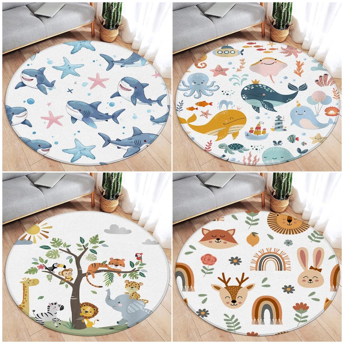 Tappeto rotondo del fumetto Pesce dell'oceano Delfino Stella marina Simpatico cervo Leone Elefante Tigre Tappetino per camera da letto per bambini Home Living Room Decor Tappeto da pavimento
