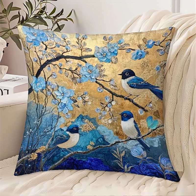 Fodere per cuscini con uccelli blu e dorati, federe per sedia e divano, con cerniera, per soggiorno e camera da letto, decorazioni per interni.
