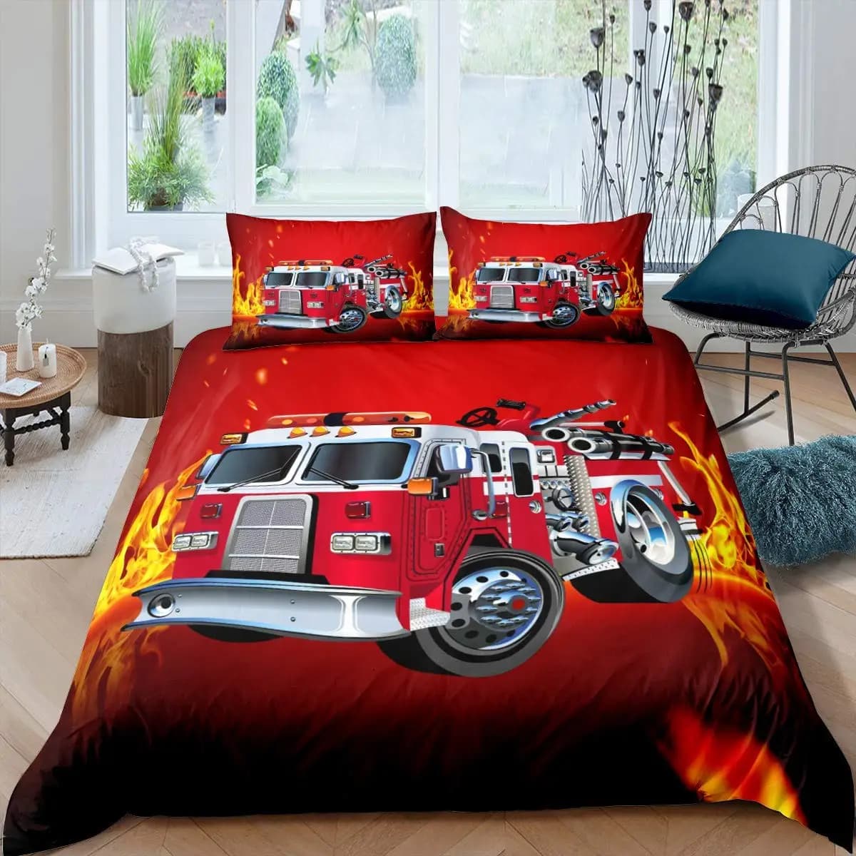 Set firefighter car seat cover, King fire truck bed linen set, honeycomb and fire protection cover Cover for fire truck