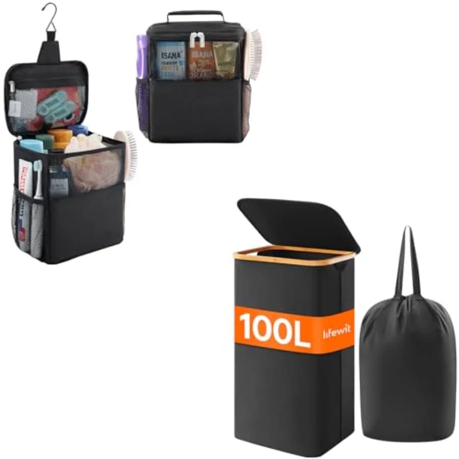 1 Confezione di Borsa Portaoggetti da Doccia in Rete e 1 Confezione di Cesto per Bucato da 100L con Coperchio