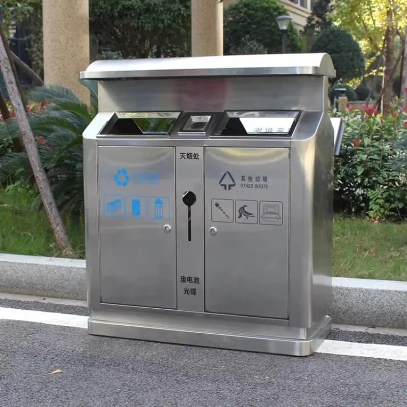 Bidone della spazzatura in metallo e acciaio inossidabile a 2 scomparti Bidone della spazzatura per riciclo stradale con coperchio Pattumiera pubblica per esterni