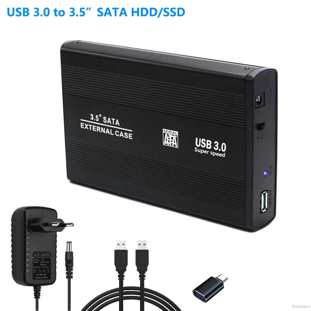 Custodia per disco rigido Yucun da 3,5" SATA III II I USB Disco rigido esterno HDD SSD Box Custodia HD Cavo da 1 M Con adattatore di alimentazione 12 V